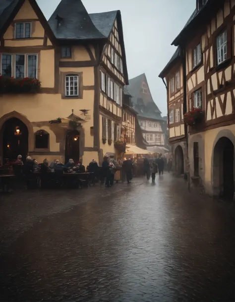 Medieval German town in the rain.