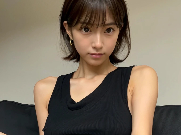 Look into the eyes,　Eye contact,　Front of face,　Front face,　face,　head,　Cross-legged,　indoor,　Brown Hair,　bangs,　Light clothing,　Black Tank Top,　Sweat,　Sweatだく,　Sweatばみ,　clavicle,　Cross-legged,　Light from below,　Chest,　Earrings