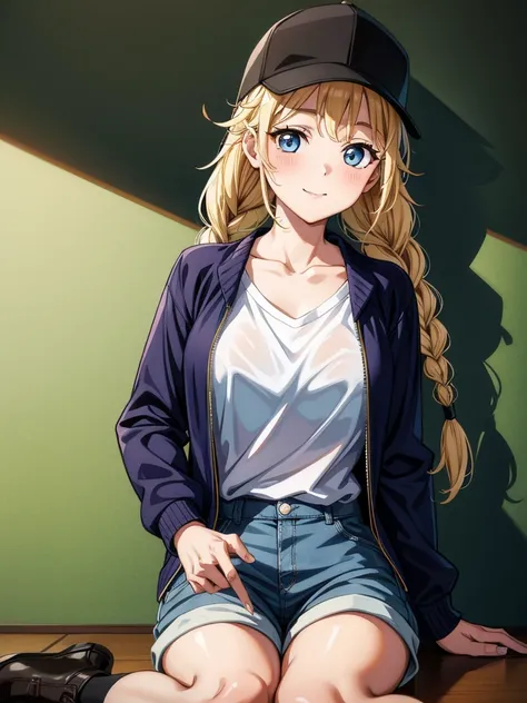 a photo of a beautiful lady in a hat and jawn laying down to put her finger on the 60 number on the wall, 1girl, solo, hat, braid, baseball cap, blonde hair, shorts, blue eyes, long hair, twin braids, smile, sitting, looking at viewer, black headwear, shir...