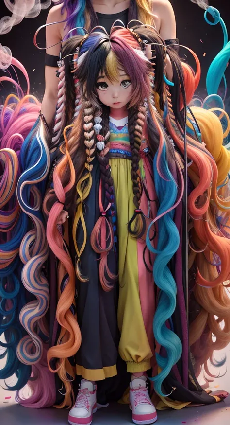 (chibi：1.5),(full bodyesbian:1.2), (Smokexxx:1.4), 1girl with really wild hair, (Multicolored wavy hair:1.2), (two long braids:1.2), (long wild hair:1.2), (O cabelo multicolorido: 1.9), Wearing a long skirt, highly contrast, epic cinematic, soft studio lig...