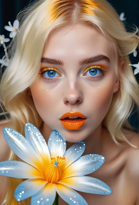 (( bending over a shiny white flower with larger petals)).a girl with  surprised expression with yellow hair blue eyes. orange lips. in side the flower is blue shiny fruit with blue glittery pry flies