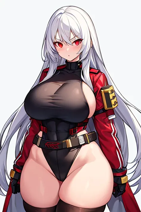 1girl, white hair, long hair, red eyes, serious, glowing eyes, large breasts, thick thighs, mature female, athletic  female, toned, leotard, black leotard, thighhighs, belt, knife