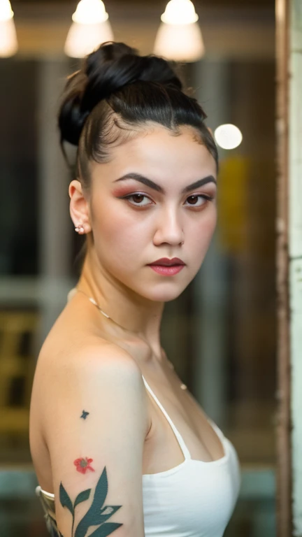 ((best quality)), ((masterpiece)), (detailed), perfect face, upper body shot, girl, makeup, small tattoos, hair bun, casual clot...