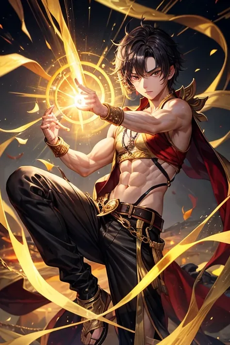 Li Shang, 20 years old, short dark golden black hair, short messy hair, dark black eyes, djinn clothing, light gray sleeveless open vest, light silver vest with golden Arabic print, light silver Arabic pants, golden belt , djinn bracelet with silver gems, ...