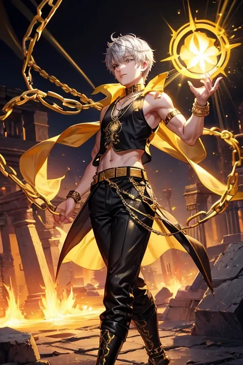 Peter Pan, 15 years old, short dark golden yellow hair, short messy hair, dark black eyes, djinn clothing, light black sleeveless open vest, light black vest with gold Arabic print, light silver Arabic pants, gold belt, djinn bracelet with silver gems, bro...