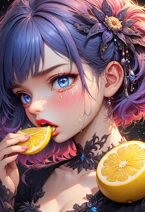 a beautiful anime girl, extremely detailed eyes and face, longeyelashes, slice of lemon in mouth, disgusted expression, tears fr...