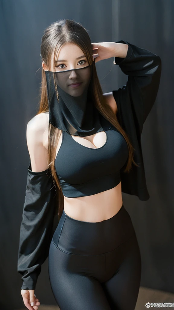 （lifelike， high - resolution：1.3），full body , 1 girl with a perfect body， Super fine face and eyes，slong hair， midriff of black colors：1.2， black shiny leggings，face veil,   big boob，Expose cleavage, belly dance pose.