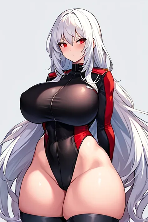 1girl, white hair, long hair, red eyes, serious, glowing eyes, large breasts, thick thighs, mature female, athletic  female, toned, leotard, black leotard, thighhighs, belt, knife