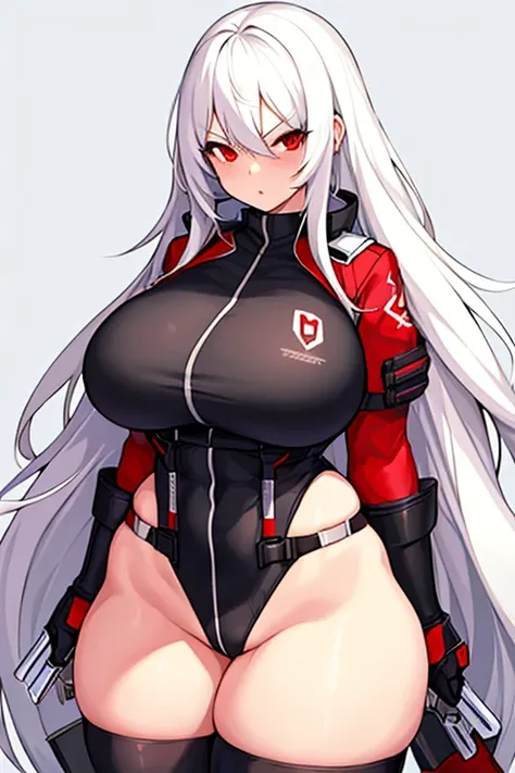 1girl, white hair, long hair, red eyes, serious, glowing eyes, large breasts, thick thighs, mature female, athletic  female, toned, leotard, black leotard, thighhighs, belt, knife