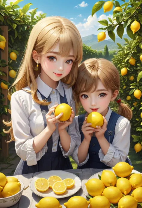 girl and boy eating lemon competition, lemon yard background, (masterpiece, best quality, professional, perfect composition, ver...