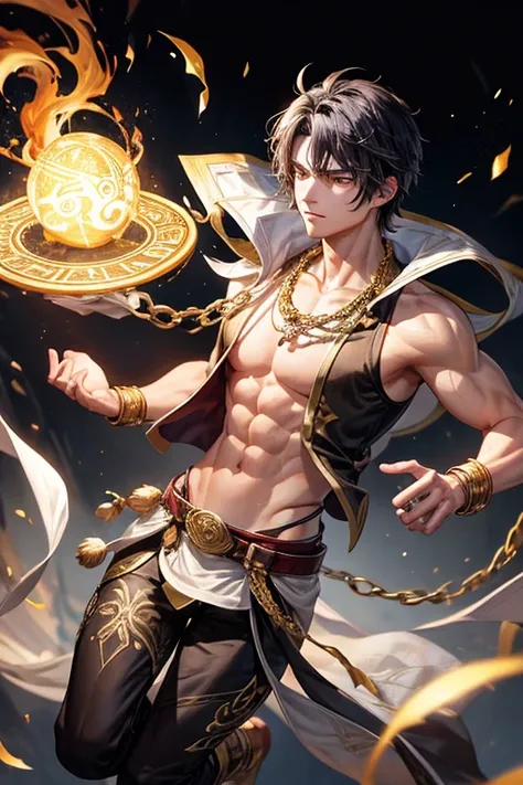 Li Shang, 20 years old, short dark golden black hair, short messy hair, dark black eyes, djinn clothing, light gray sleeveless open vest, light silver vest with golden Arabic print, light silver Arabic pants, golden belt , djinn bracelet with silver gems, ...