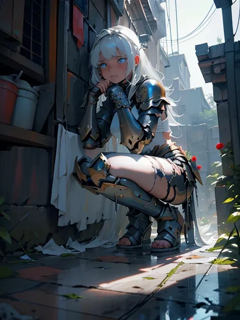 a girl, kneeling in the floor, wearing a ultra shattered and ultra broken cute  lovely armor,  lot of missing pieces, very damag...