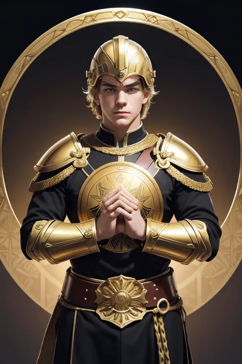 score_9,score_8_up,score_7_up, (making symbol of circle with hands together), highres, looking_at_viewer, Ross Lynch, tarot card, roman soldier in gold armor, gold chest plate, gold helmet, gold galea, gold background, front-facing, (circle hands, own hand...