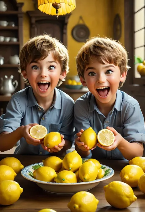 a playful scene unfolds as a girl and boy, both with bright eyes and mischievous grins, engage in an intense lemon-eating compet...