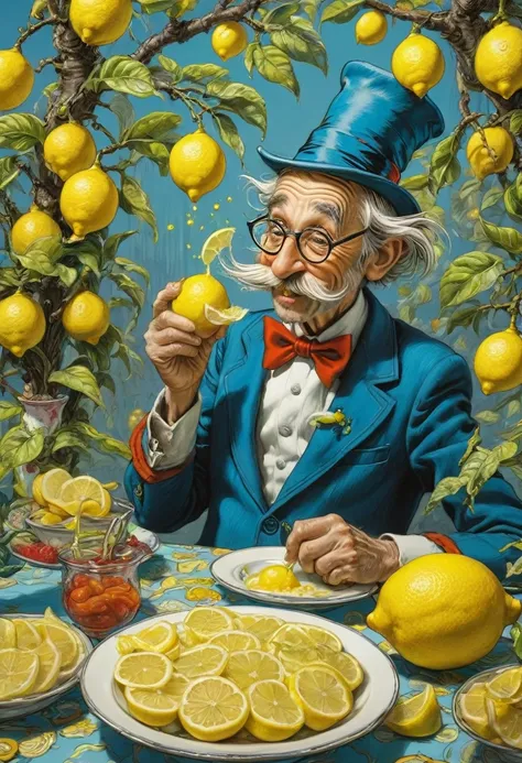 people Eating Lemon, Challenge, by dr seuss, best quality, masterpiece, very aesthetic, perfect composition, intricate details, ultra-detailed