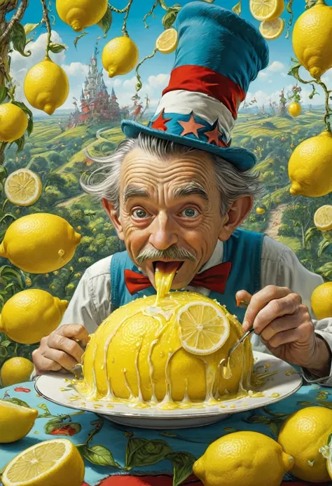 people Eating Lemon, Challenge, by dr seuss, best quality, masterpiece, very aesthetic, perfect composition, intricate details, ultra-detailed