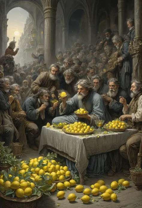 people Eating Lemon, Challenge, by Gustave Doré, best quality, masterpiece, very aesthetic, perfect composition, intricate details, ultra-detailed