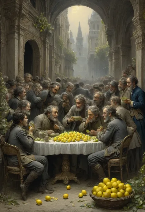 people Eating Lemon, Challenge, by Gustave Doré, best quality, masterpiece, very aesthetic, perfect composition, intricate details, ultra-detailed