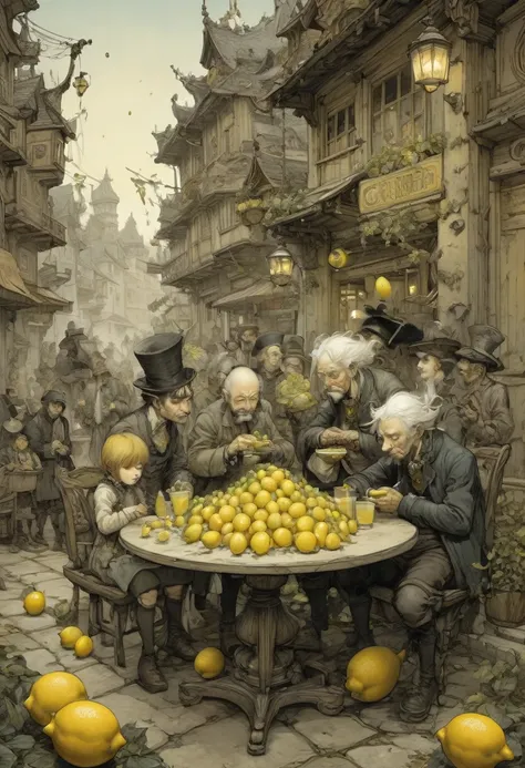 people Eating Lemon, Challenge, by Gris Grimly, best quality, masterpiece, very aesthetic, perfect composition, intricate details, ultra-detailed