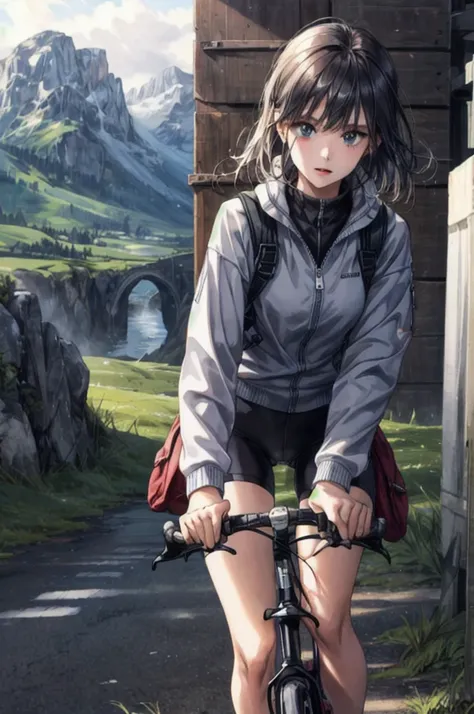 1girl  , riding a bike, landscape