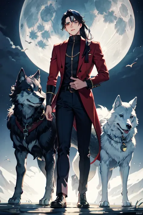 A young man with long dark blue hair that reaches his Calves. A huge wolf, and a dragon back to back and a moon