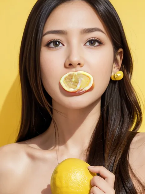 Lemon eating challenge，A beautiful woman eating a lemon，A sour expression