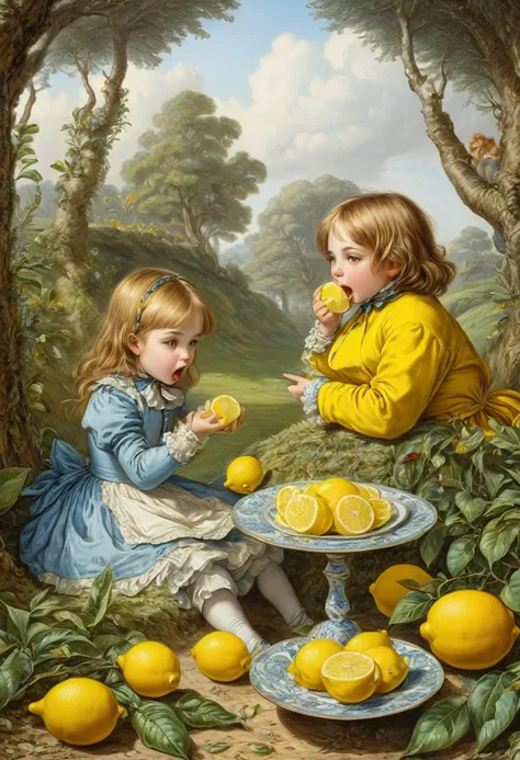 people Eating Lemon, Challenge, by John Tenniel, best quality, masterpiece, very aesthetic, perfect composition, intricate details, ultra-detailed