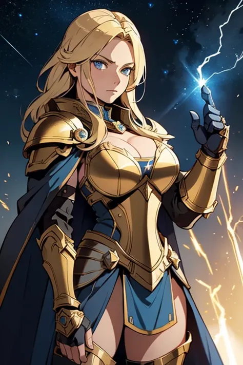 blonde haired norse goddess wearing a helmet, dark blue armor with gold trim, armored Gauntlet. cape with star-field. Cleavage. She has a stern expression. Winged helmet. Posed with arm raised Shooting lightning from hand.(detailed eyes, detailed face)