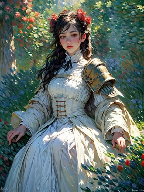 (Claude Monet Style:1.5) Claude_Monet, a picture of woman paladin of nature protecting the forest, a woman knight, black hair, long hair, full body (best details, Masterpiece, best quality :1.5), ultra detailed face (best details, Masterpiece, best quality...