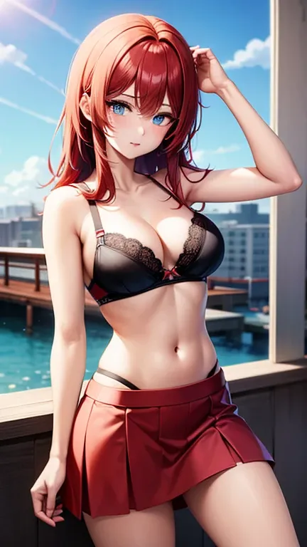 
An anime girl with red hair and blue eyes wearing a skirt and an open shirt revealing a black and red bra