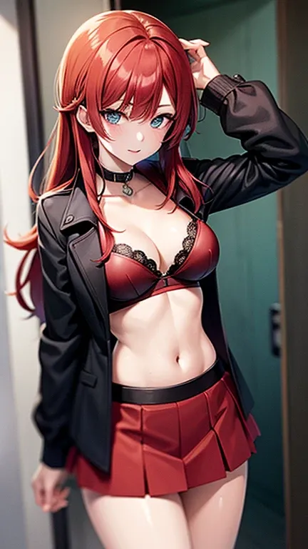 
An anime girl with red hair and blue eyes wearing a skirt and an open shirt revealing a black and red bra