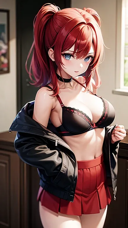 
An anime girl with red hair and blue eyes wearing a skirt and an open shirt revealing a black and red bra