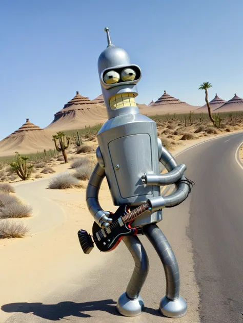 bender playing machine electric guitar walk dancing on road in desert, bigger extra ultra muscle, angry and mad, style of futura...