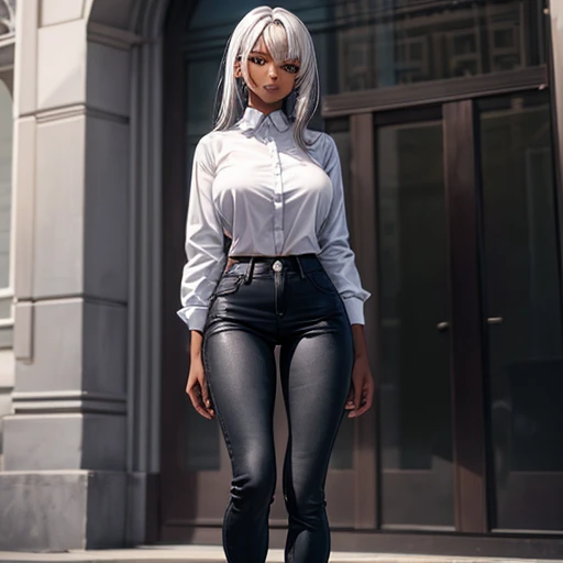 A silver-haired, dark-skinned woman in a black dress shirt and slim jeans with her legs apart　Belly button showing