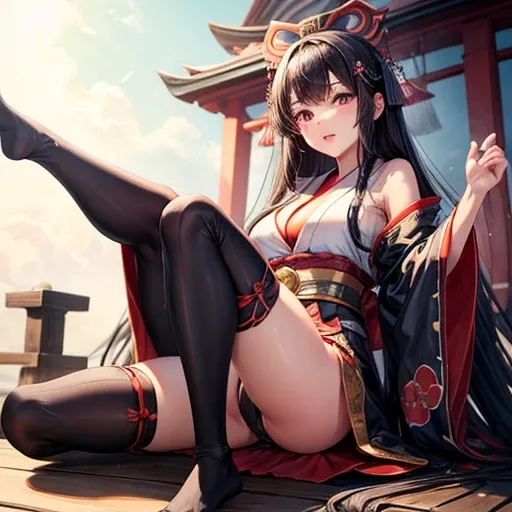 A black-haired woman wearing a shrine maiden outfit with leg slits　Spread your legs