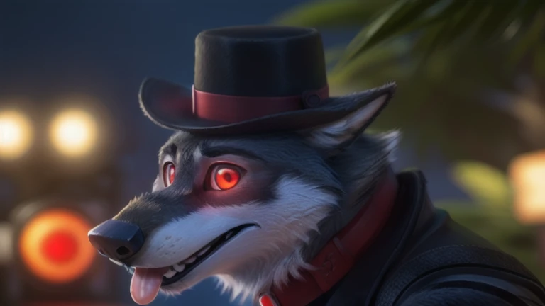 cute cartoon of a (gary (zootopia)) solo, wolf, gray fur, tongue out, hypnotized with completely spyral glowing red eyes with no irises or pupils, techno collar with a red light, Dor-15 bowler hat with a robotic red eye on the front, naked, big paws, march...