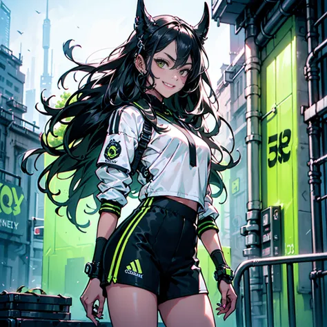 8K,Ultra Detail,ultra-quality,ultra precision,ultimate masterpiece,1girl white shirt and black shorts, beautiful face, Shot hairstyle, (Kenmas hairstyle:1), Sportswear School Wear,) cool Graffiti ((with hashtag SD3)) written on the wall,Cyber,Theme of Cybe...