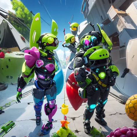 Fruit themed robots with feminine forms (colorful, curvy, sultry) face off against insect themed robots with male forms 9powerful, bulky), epic showdown on a battle scarred cyber world
