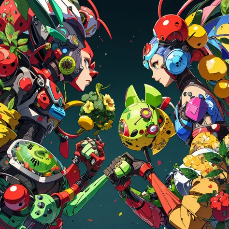 Fruit themed robots with feminine forms (colorful, curvy, sultry) face off against insect themed robots with male forms 9powerful, bulky), epic showdown on a battle scarred cyber world
