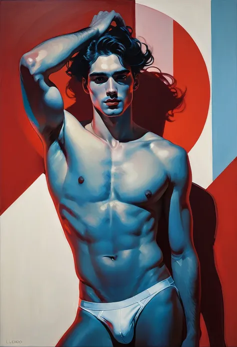 chiaroscuro technique on sensual illustration of an arafed man in white underwear, sexy masculine, diego fazio, male model, by Ludovit Fulla, model with attractive body, inspired by Ludovit Fulla, mid-shot of a hunky, the model draped in flowing, thick oil...