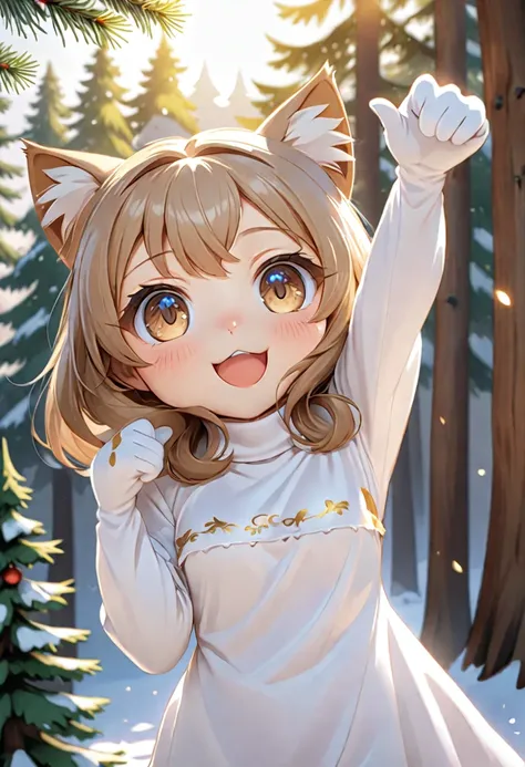 cat girl, chibi, in a brown horse costume, horse head cap, print on clothes, there is a bell on the neck, reaches for the sign, which hangs on a winter tree, pine tree, Rendering, Anime background art, pixiv contest winnerAnime girl with cat ears cute!! ch...