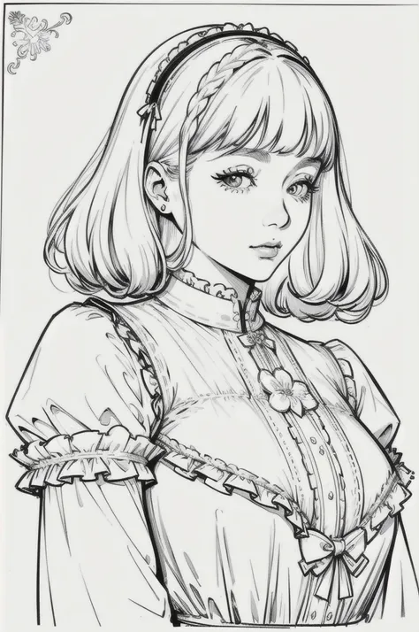 Drawing of a mature woman, realistic portrait, asian girl, white curly hair, Straight bangs, all white outfits, goth lolita outfits, horror look. No shading or shadow Best lineart, clean flat lineart, Black and white monochrome, thin pen lines. No colors o...