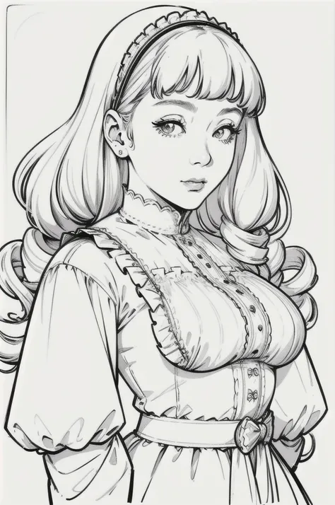 Drawing of a mature woman, realistic portrait, asian girl, white curly hair, Straight bangs, all white outfits, goth lolita outfits, no Head acessories. No shading or shadow Best lineart, clean flat lineart, Black and white monochrome, thin pen lines. No c...