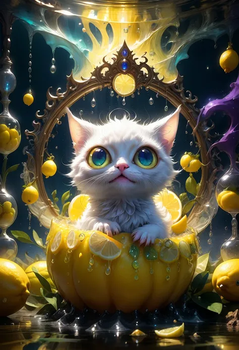 lemon eating challenge, intricately detailed cute adorable lemon creature eating sliced lemon fruit, large adorable eyes, low angle viewpoint, yellow background!!!, A breathtaking masterpiece fantasycore artwork by Kim Keever Antoine Collignon Wadim Kashin...