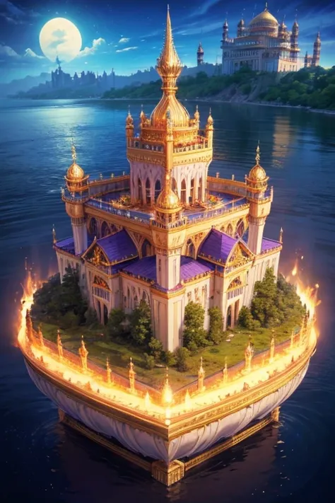 floating island with golden Muslim palace with vegetation and rivers with a tower in the center with a purple fire and blue sky background