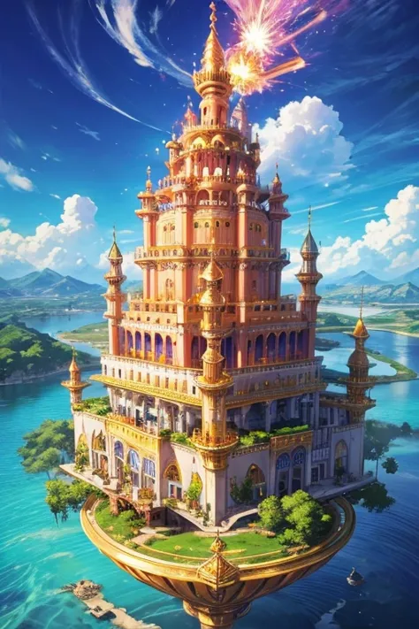 floating island with golden Muslim palace with vegetation and rivers with a tower in the center with a purple fire and blue sky background