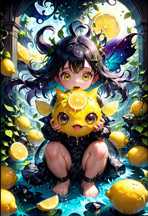 lemon eating challenge, intricately detailed cute adorable lemon creature eating sliced lemon fruit, large adorable eyes, low an...