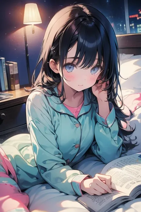 1girl,solo,cute,pajamas,lie down,reding a picture book,on the bed,face down,from the front,night