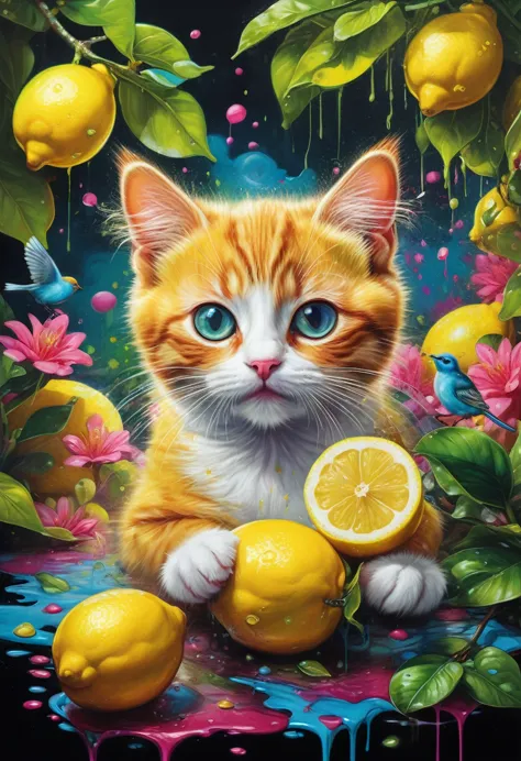 lemon eating challenge, baby cat eating a lemon with a kawaii face  in a colorful jungle with tiny birds around him, graffiti ar...