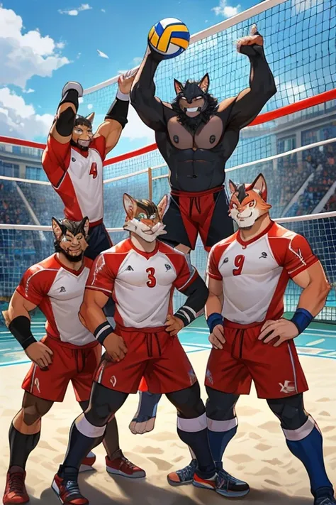 7 thundercats (2 hembras y 5 machos) miembros de un equipo de voleyball con uniformes negros, holding volleyballs posing in front of a volleyball net for a photograph 